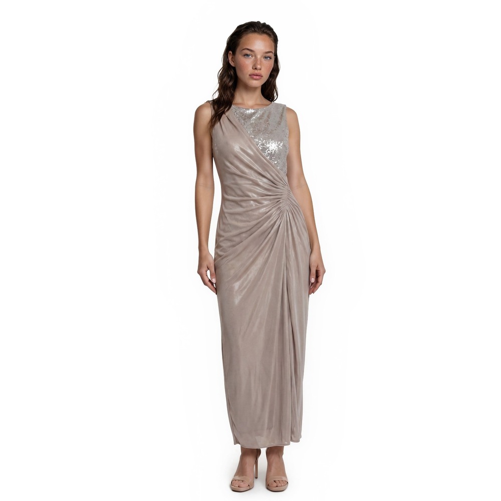 Adrianna Papell Evening Dress Gown Women's Size 14 Champagne Sequin Ruched Maxi